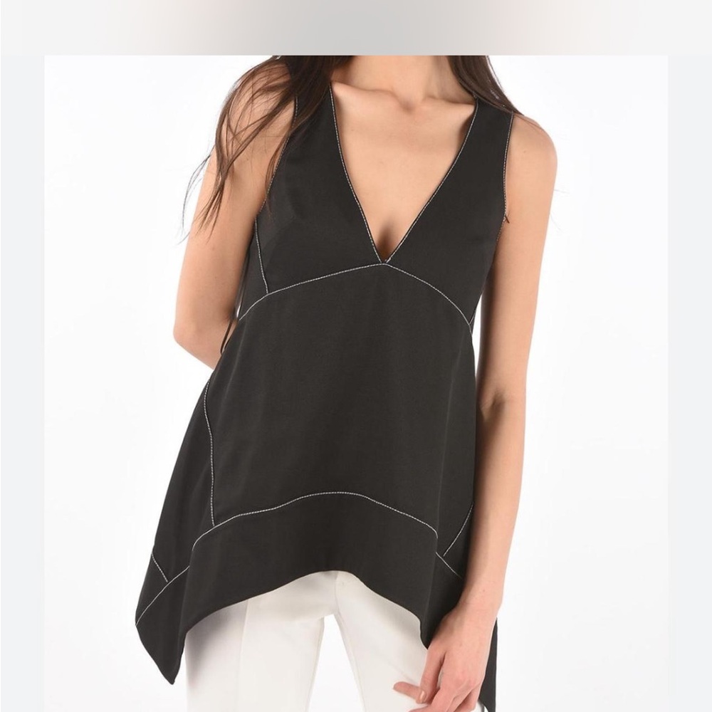 SOLD NWOT Proenza Schouler Black V-Neck Blouse with White Stitching